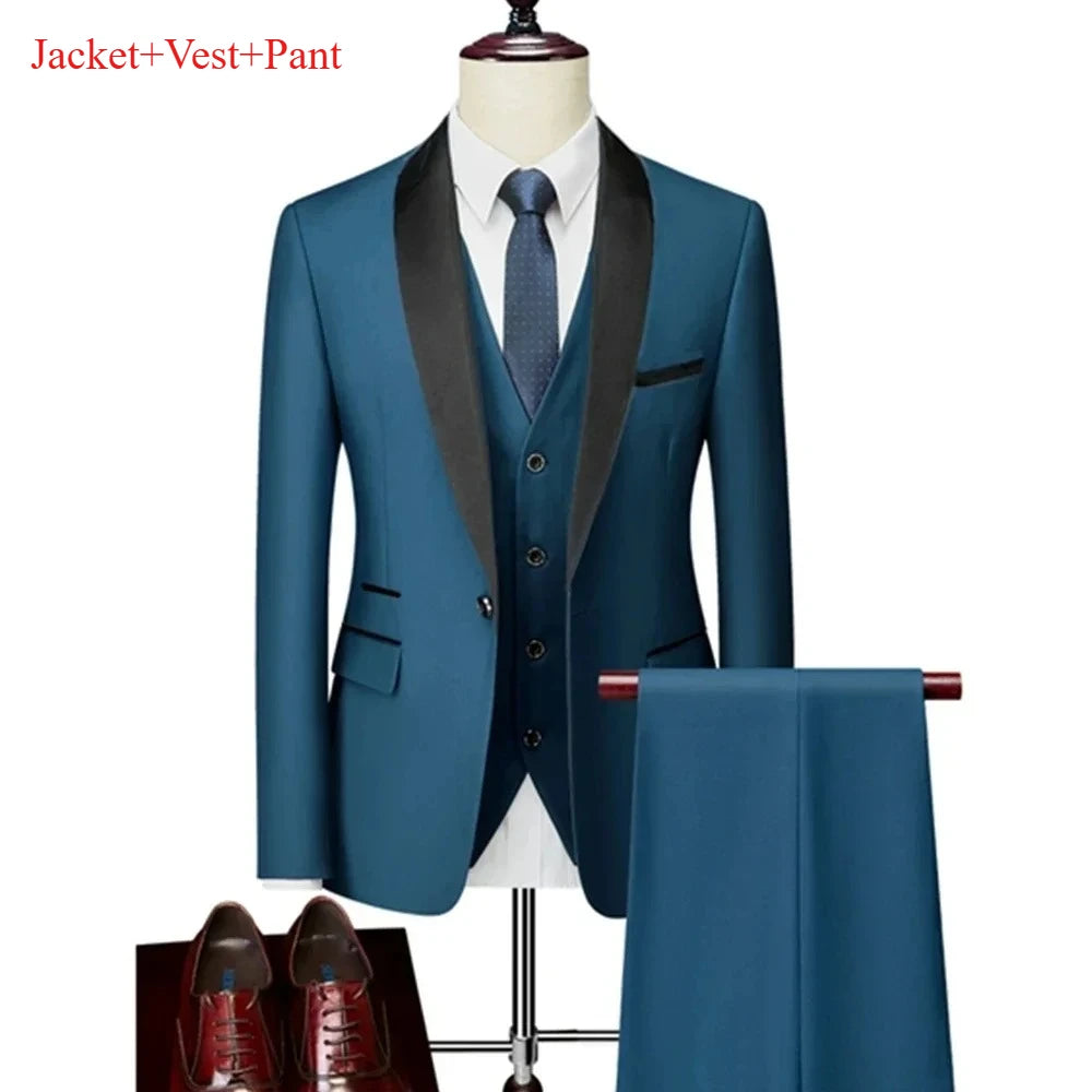 Men's Lapel Black Suit Set Coat Vest Trousers / Business Groomsmen Groom Wedding Dress Fprmal Blazer Pants