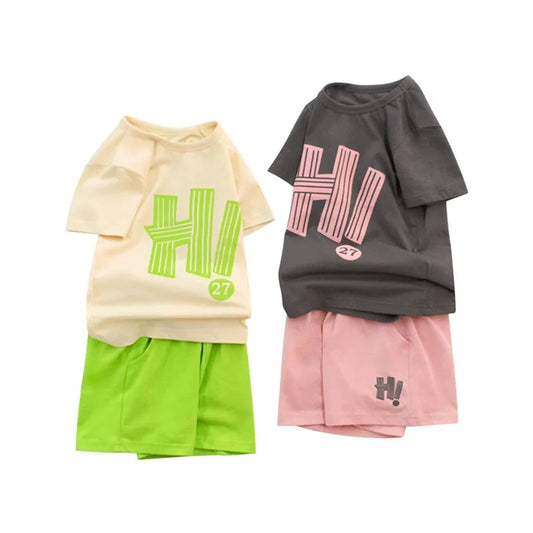 2025 Children Clothing Set Boys Girls Letter Cartoon Short Sleeve Cotton Sweatshirt Set Kids Comfortable Casual Outdoor Outfit