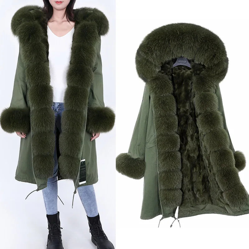 Maomaokong Winter Woman Natural Fur Overcoat Plus Size Black Parkas Raccoon Real Fur Lining Extra Larg Warm Jacket Coats Long