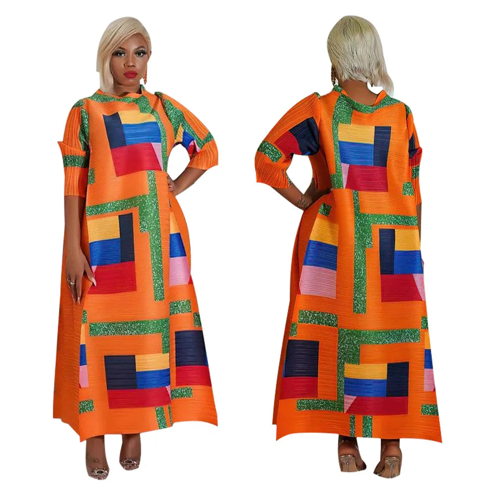 African Dresses for Women Summer Fashion Style African 3/4 Sleeve Polyester O-neck Pleated Dress Dashiki African Clothes Women