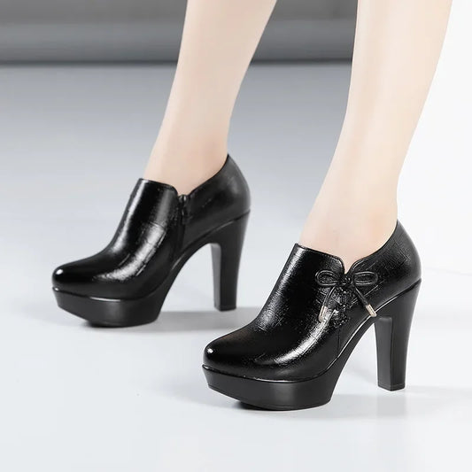 10cm Small Size 32-43 Elegant Black Bow Deep Mouth Thick Bottom Platform Pumps 2026 Winter Block High Heels Shoes Office Model