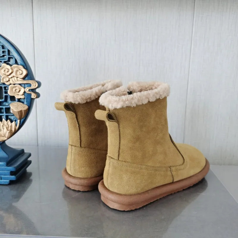 Careaymade-Genuine cow leather Snow cotton round head flats woolen short boots plush warm snow boots Oversized shoes size 35-43
