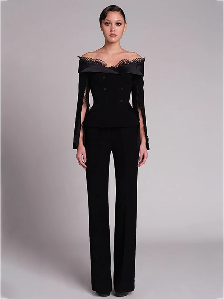 QMQA Fashion Women's 2 Pcs Set Slash Neck Long Sleeveless Patchwork Lace Blazer High Waist Slim Pants Sets Female New 1A656