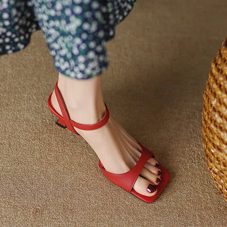 2025 Summer Sandals Women Shoes Open-Toe Thin Heel Women Sandals Split Leather Square Toe Shoes for Women High Heels Handmade