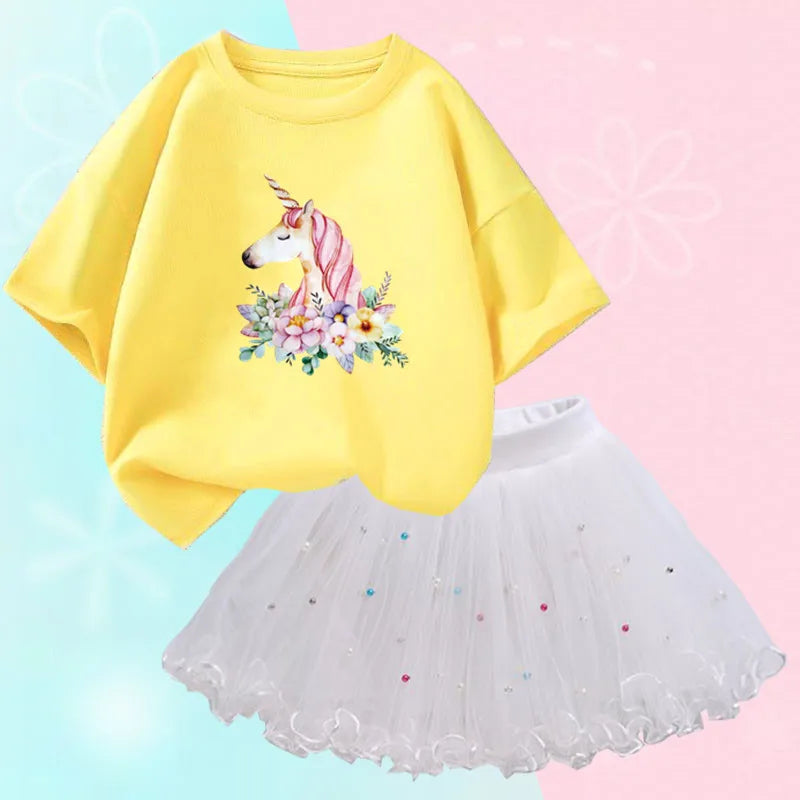 Dresses For Girl Summer Fashion Wear Outfit Kids T-Shirt Suit Unicorn Party Baby Costumes For Children Tulle Tutu Skirt Clothing