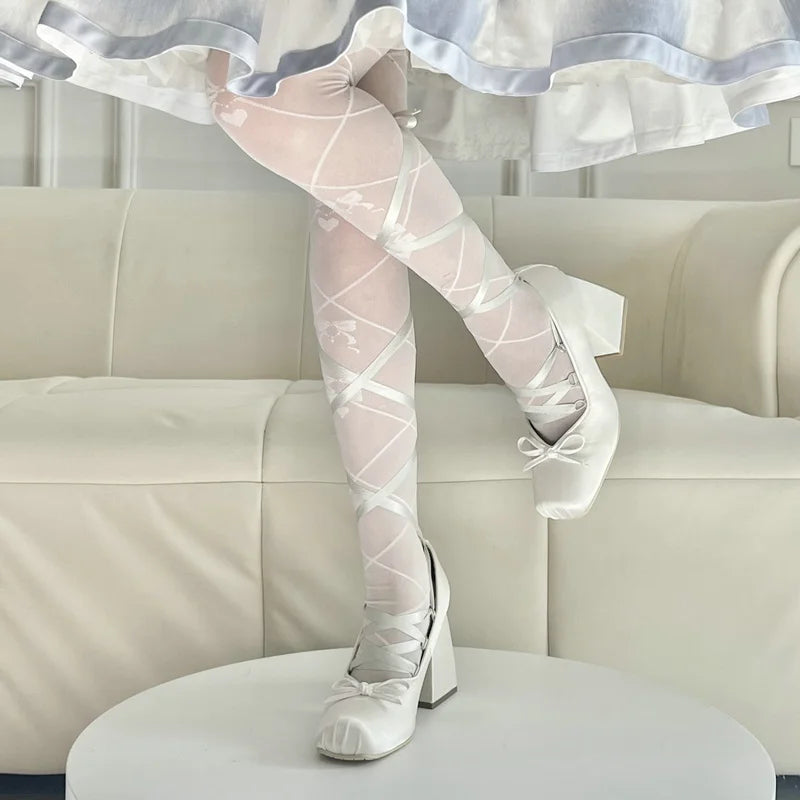 2025 Minuet Pink Mary Jane High Heels Lolita Thick Heel Satin Ribbon Ballet Sandals For Women Pumps