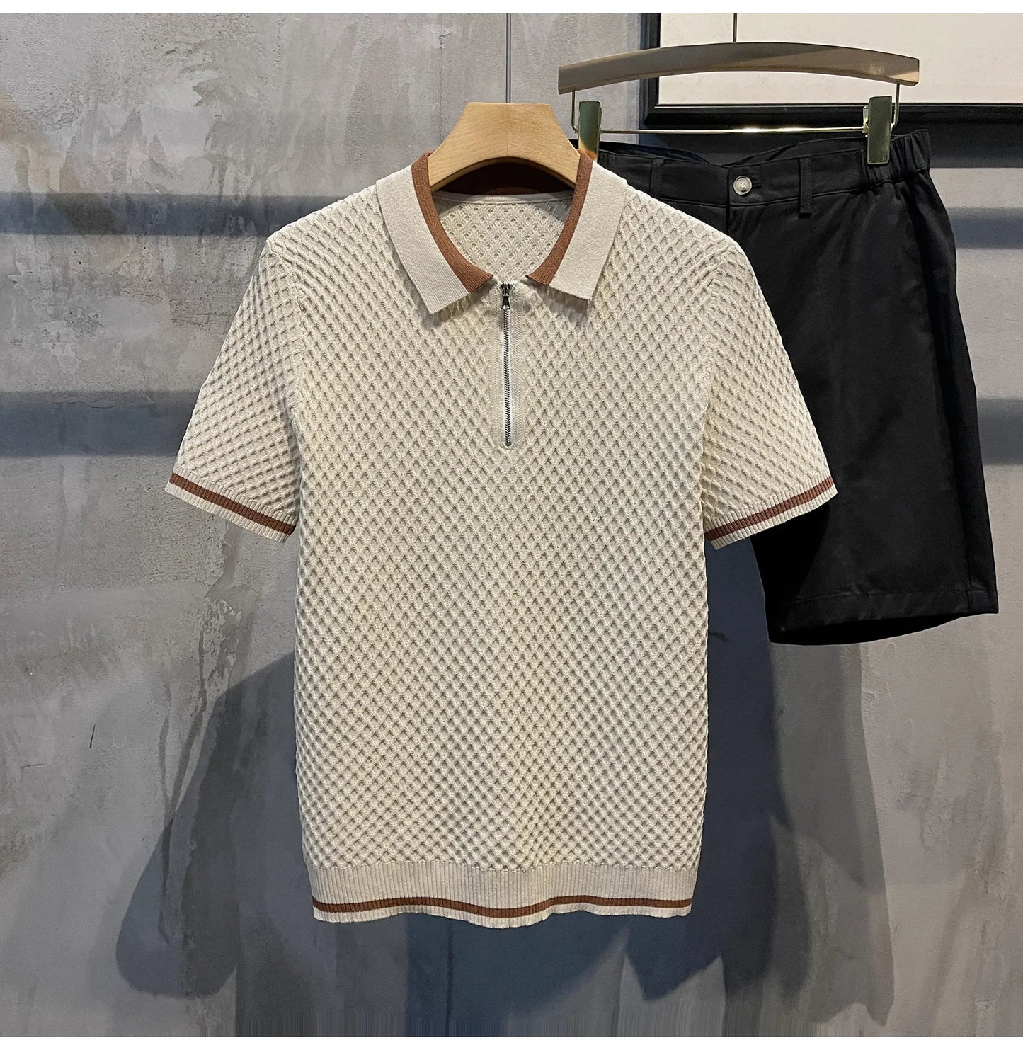2026 Men's Casual V-Neck Knitted Jacquard Polo Shirt Solid Color Short Sleeve Solid Color Shirt Breathable Luxury Clothing B24
