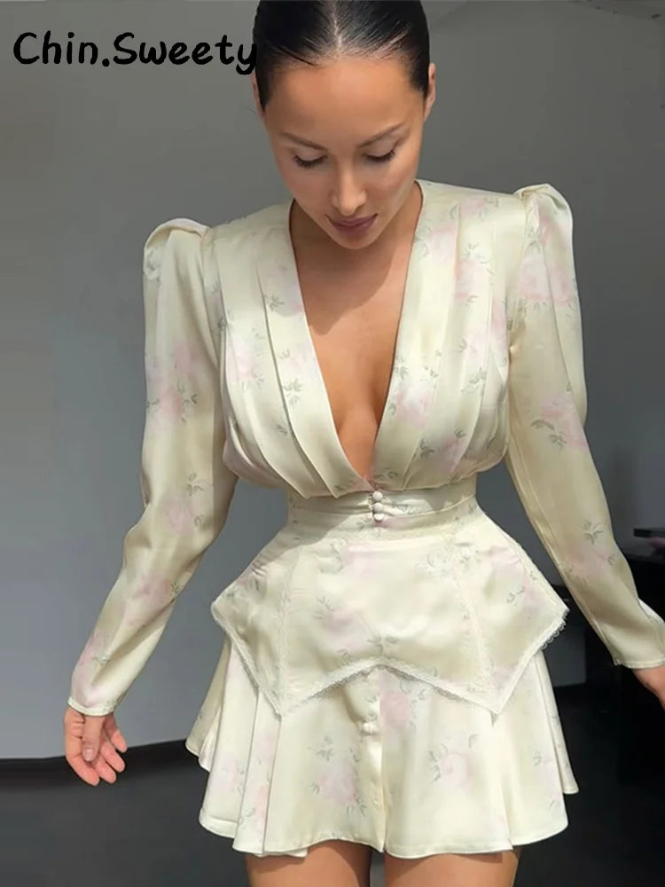 Elegant Women's Printed Waistband Short Dress Deep V-neck Long Puff Sleeve Pleated Dresses 2026 Summer Lady Holiday Party Robe