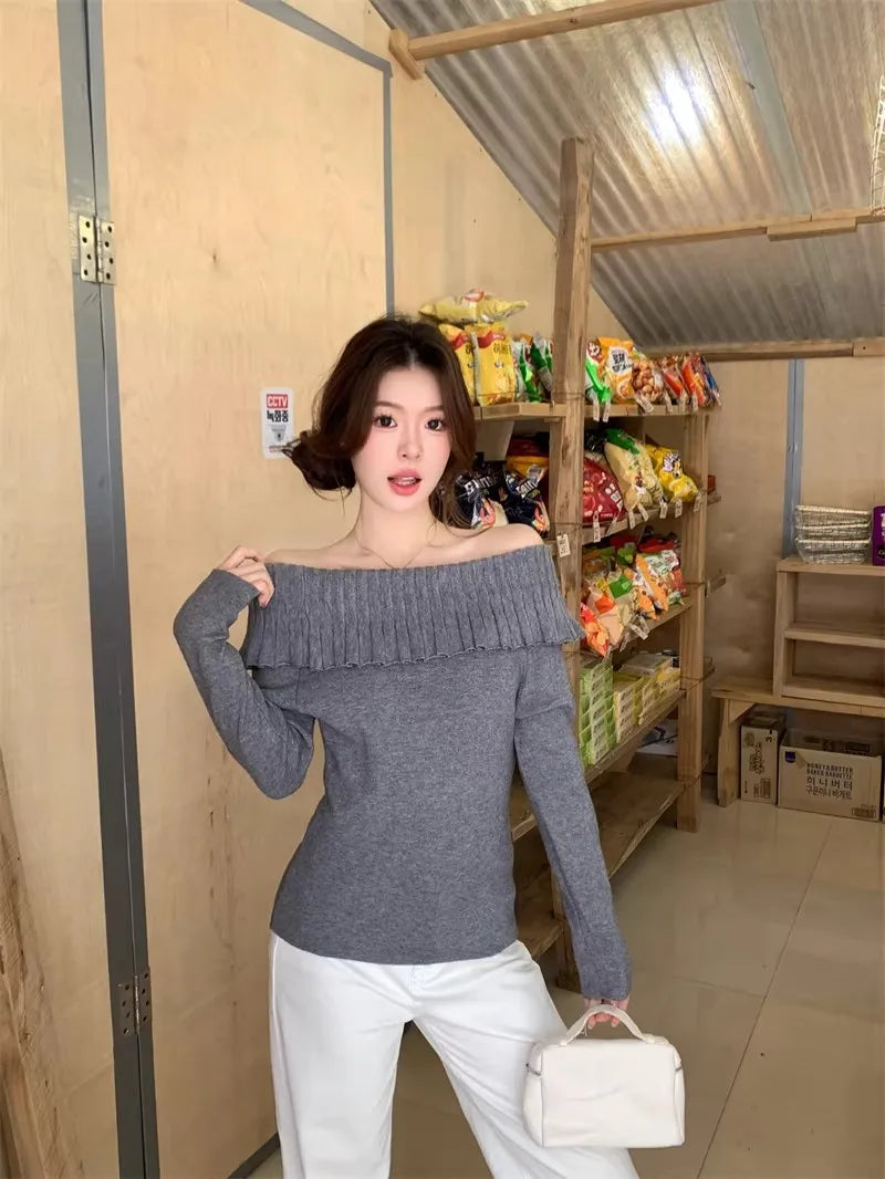 Women's Solid Color Slash Neck Ruffles Sweater Short Pullover Korean Fashion Chic Retro Style for Autumn Winter