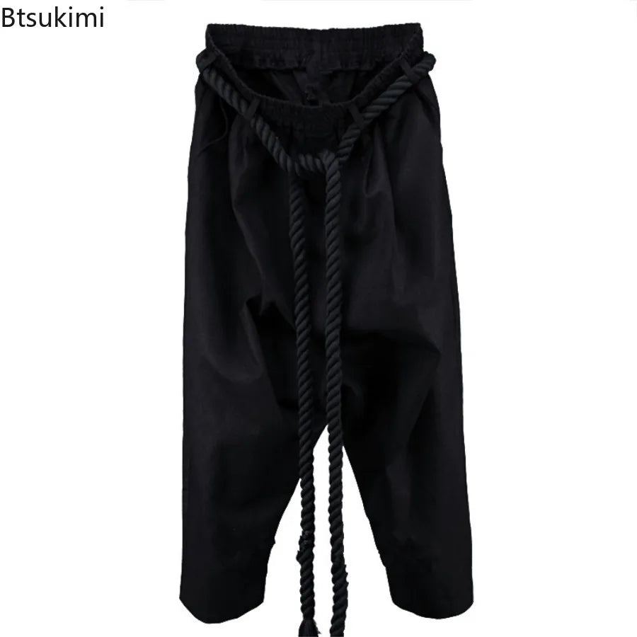 Men's Summer Black Linen Harem Pants Nightclub Stage Baggy Trousers With Rope Belt Mens Gothic Punk Hip Hop Joggers Street Wear