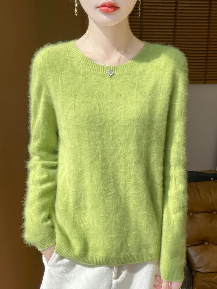Women 100% Merino Wool Sweater Casual Hollow out Cashmere Blouse O-neck Pullover Tops Autumn Winter Warm Knit Woman Wool Sweater