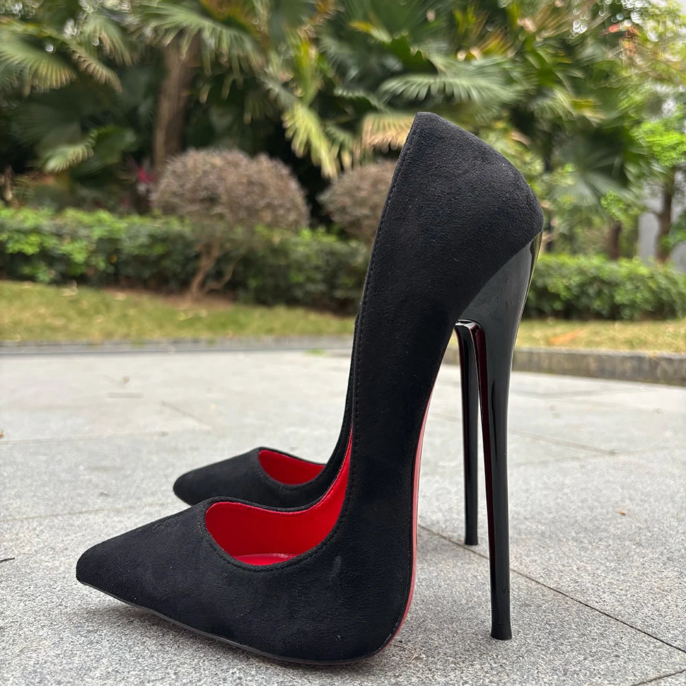 2026 Customize Side V Cut 16cm Ultra High Heels Matte Black Red inside Woman Pumps Curl Cut Slip on Pointed toe T-stage Shoes