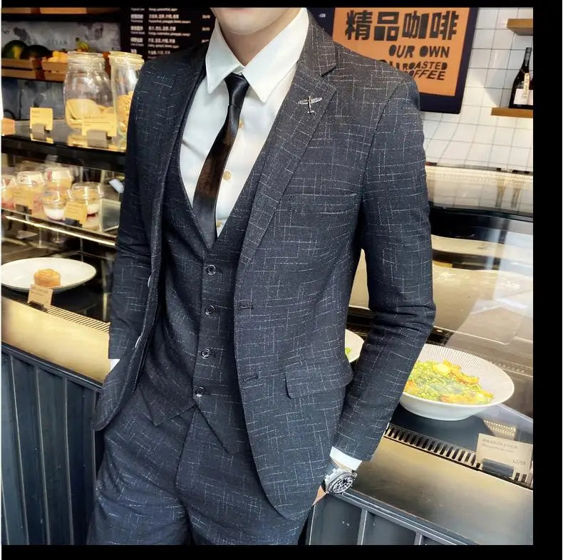 2023 Men's British Fashion Three-piece Set Slim Fit Suit Vest Trousers Ensemble Handsome Trendy All-in-one Banquet Blaze