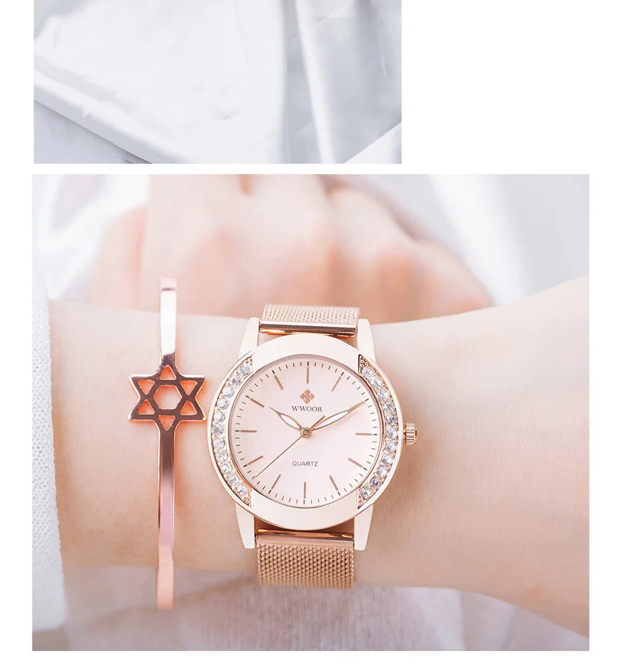Diamond Watch For WWOOR Women Dress Simple Clock Ladies Quartz Bracelet Wristwatch Elegant Watches Gift For Women Reloj Hombre