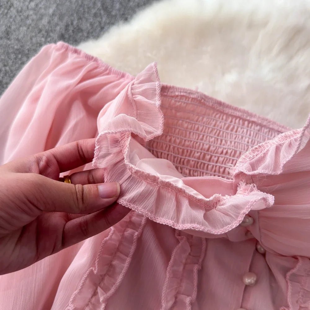 Chiffon Blouse for Women Slash Neck Off Shoulder Solid Color Camisas Ruffles Folds Backless Summer Blusas De Mujer Chic Dropship