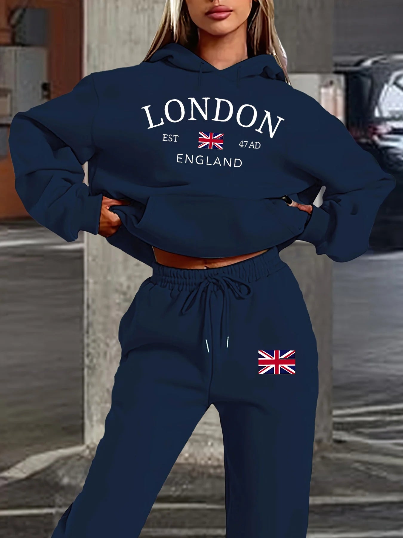 Women's autumn and winter fashion casual London England pattern print with thick fleece warm hooded sweatshirt+sports pants set BAZAARHUBO