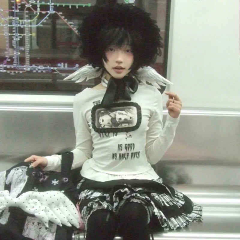Karrram Japanese Y2k Anime Print T-shirt Trashy 2000s Style Long Sleeve T Shirt Vintage Harajuku Lace Patchwork Tops Grunge 90s