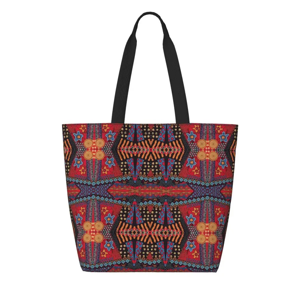 African Ankara Prints Grocery Shopping Tote Bags Women Geometric Ethnic Art Canvas Shoulder Shopper Bags Big Capacity Handbag