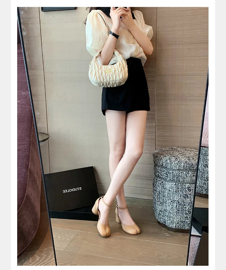 Brand Designer Tabi ninja high heels shoes woman ankle strap silver crack leather pumps split toe D'orsay mary janes shoes woman