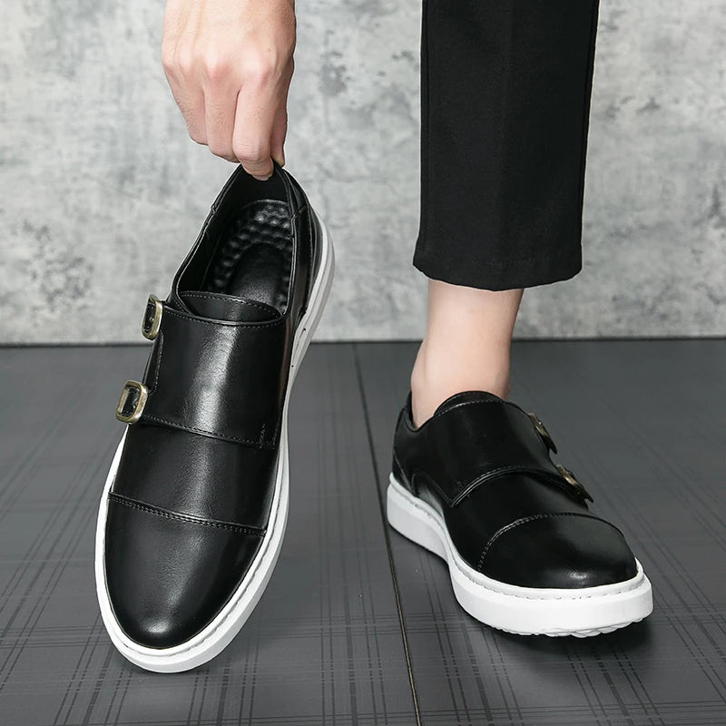 Italy Men Double Buckle Casual Shoes Autumn Leather Loafers Office Shoes for Men Driving Business Comfortable Slip on Shoes Men