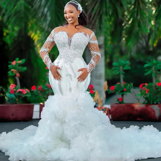Ruffled African Wedding Dresses Black Girls Mermaid Long Sleeves Beaded Aso Ebi Women Bridal Gowns Vestido De Novia Customized