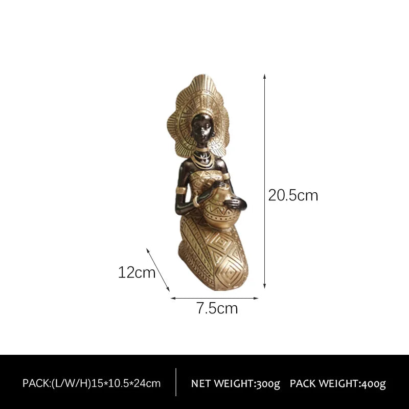African Woman Statues Resin Tribal Lady Figurines Black Gold Home Decor Ethnic Ornaments for Living Room