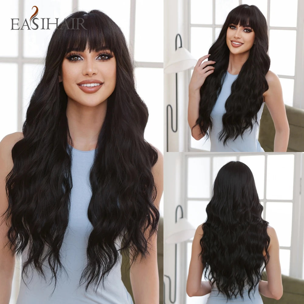 EASIHAIR Dark Brown Long Curly Synthetic Wig with Bangs Brown Women's Wigs for Cosplay Daily Use Heat Resistant Natural Hair