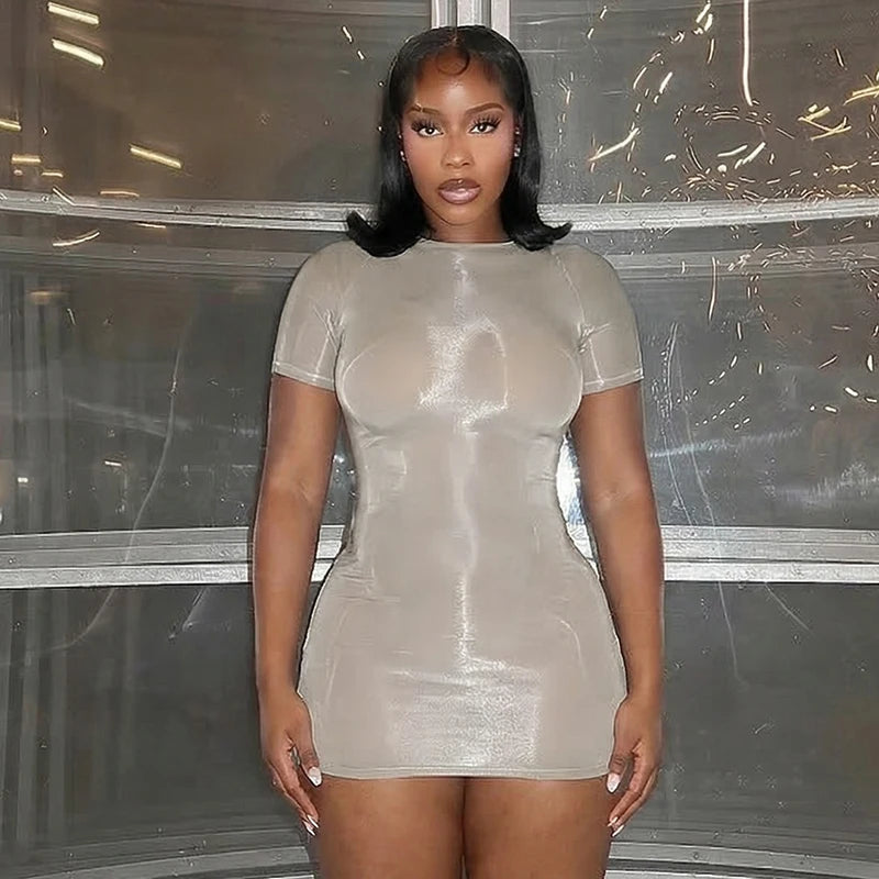 Sexy spicy girl style see through short sleeved tight fitting dress, short dress