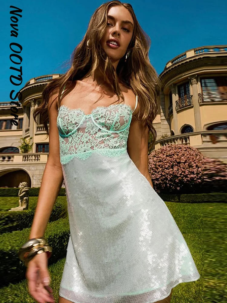 Beach Sequin Women's Dress Y2k Sexy Lace Spliced See Through Strap Mini Summer Dresses New Vacation Casual Party Robe 2026