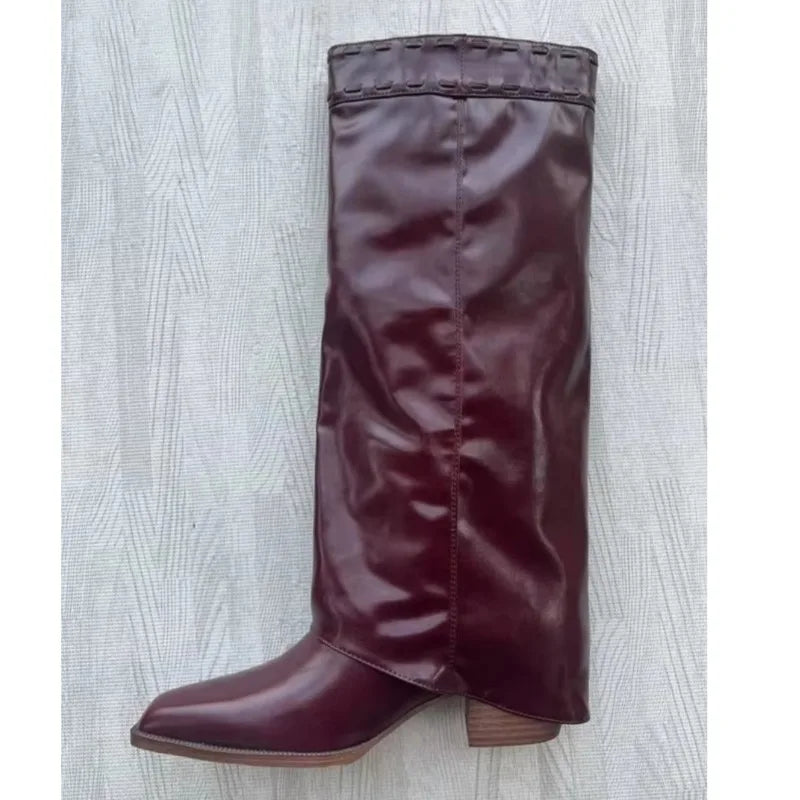 Elegant Temperament of European and American Women, Thick High Heels, Skirt Hem, Knee High Boots, Oversized Retro Knight Boots