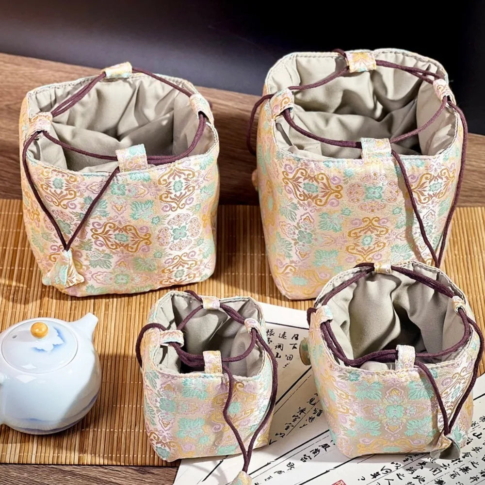 Chinese Style Tea Set Organizer Bag Embroidered Breakage-proof Teacup Drawstring Cloth Pouch Tea Ceremony Accessories