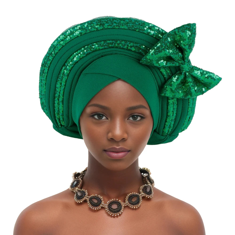 Sweet Bowknot Auto Gele Headtie for Women African Head Wraps Lady Party Headpiece Female Sequins Turban Cap