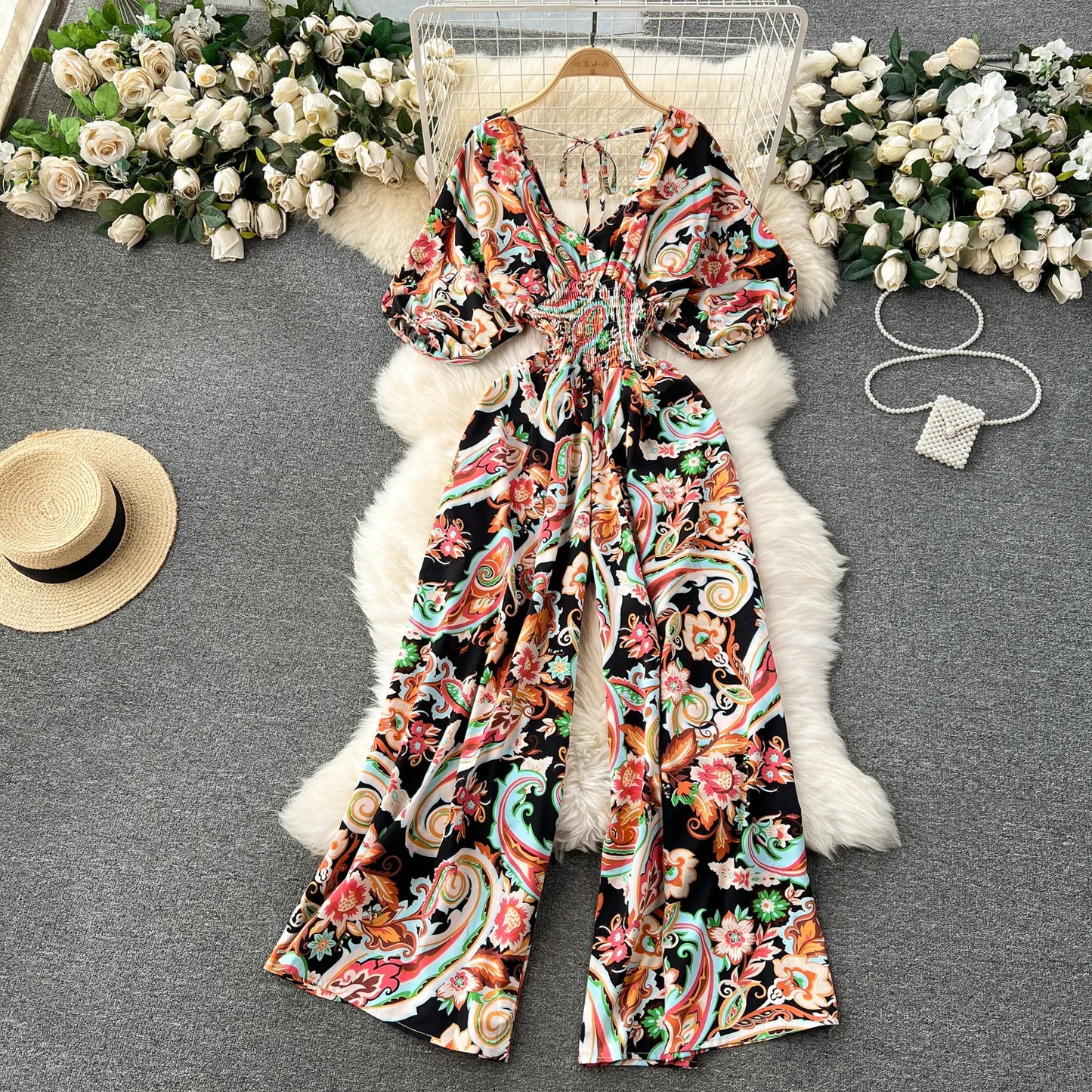V Neck Sexy Dolman Sleeves Waist Slim Floral Print Jumpsuit Women Wide Leg Trousers Jumpsuit
