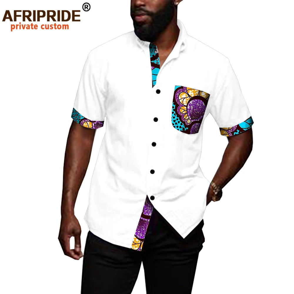African Shirts for Men Denim Thin Shirt Short Sleeve Pockets Slim Slight Elastic Jeans Cowboy Shirt Clothing Crop Top A2012006