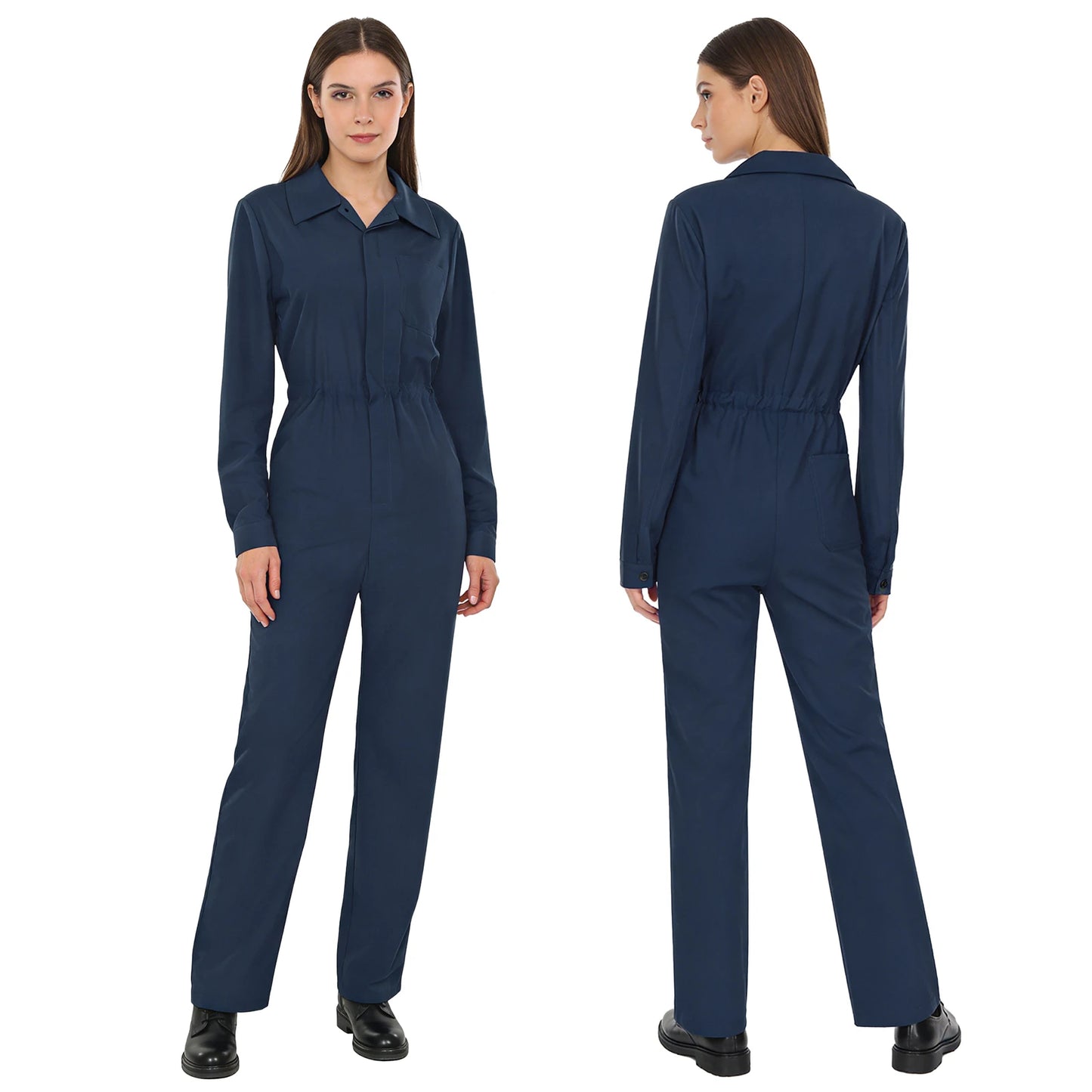 Womens Coverall Solid Color Turn-Down Collar Long Sleeve Button Jumpsuit Mechanic Work Overalls Fashion Casual Cargo Rompers
