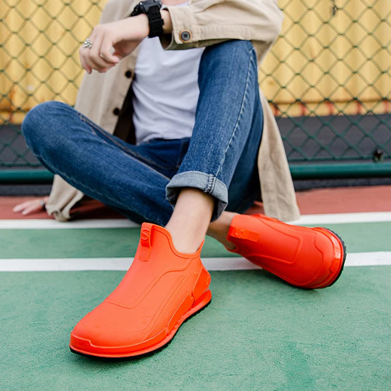 Men's Rain Boots Ankle Waterproof Shoes Men Casual Fishing Work Shoes Slip on Non-slip Rain Shoes Womens Kitchen Rubber Shoe 장화