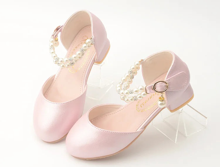 Pink Black White Party Wedding Shoes Children's High Heels Girl Shoe Elegan Pearl Princess Dress Girls Heel Shoes Child 2024 New
