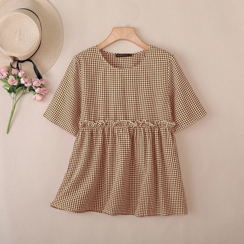 2025 ZANZEA Women Plaid Checked Blouse Summer Casual O Neck Short Sleeve Blusas Loose Tops Stylish Ruffled Work Shirt Oversize