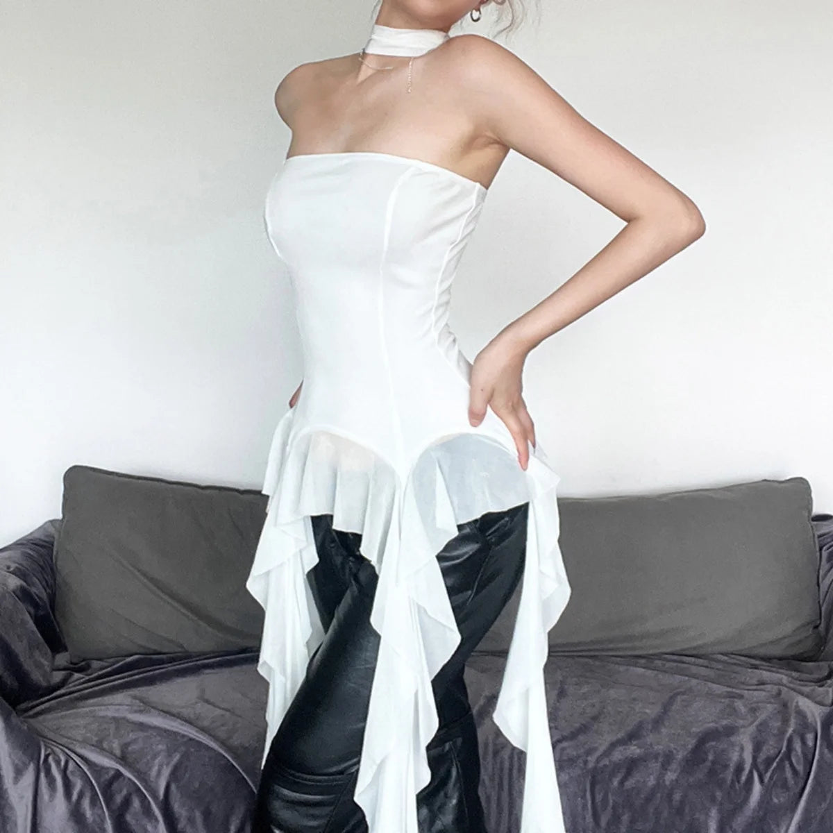 Irregular Fashion Sexy Ruffle Top Women Summer New Sleeveless Solid Tube Tops Lady Evening Party Club Off Shouder Streetwear