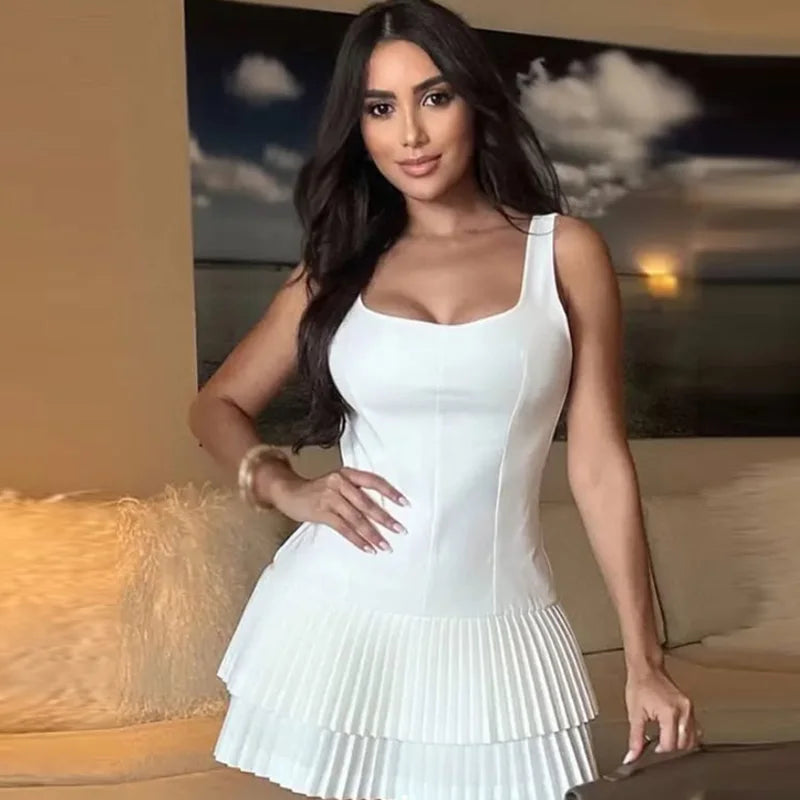 HXAO Pleated Slip Dress Womens Dresses Summer 2025 Sexy Mini White Backless Dress Elegant Party Dresses Solid Short Vestidos 066