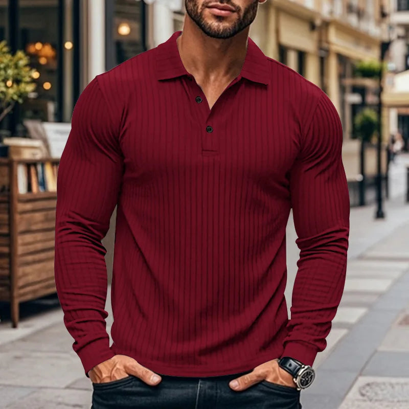 Cross-border autumn men's classic casual American lapel button-up long-sleeved T-shirt elastic pit strip polo shirt