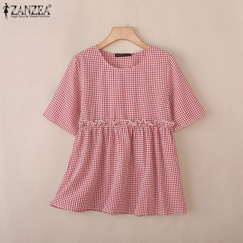 2025 ZANZEA Women Plaid Checked Blouse Summer Casual O Neck Short Sleeve Blusas Loose Tops Stylish Ruffled Work Shirt Oversize