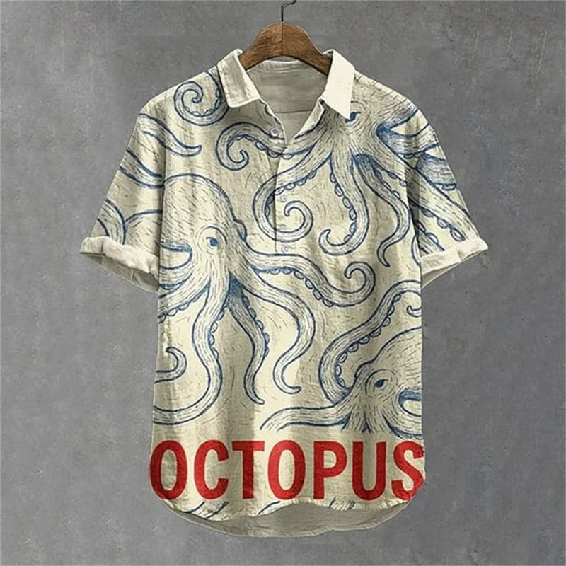 New men's 3D octopus print short sleeved shirt, retro summer linen shirt, men's holiday casual short sleeved streetwear