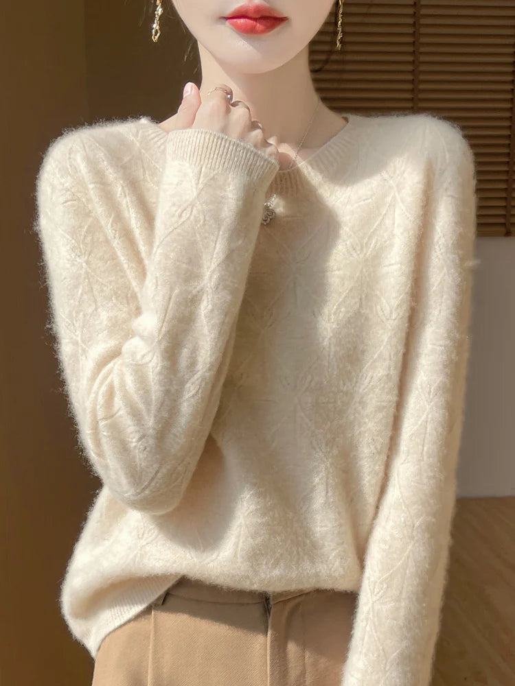 Women 100% Merino Wool Sweater Casual Hollow out Cashmere Blouse O-neck Pullover Tops Autumn Winter Warm Knit Woman Wool Sweater