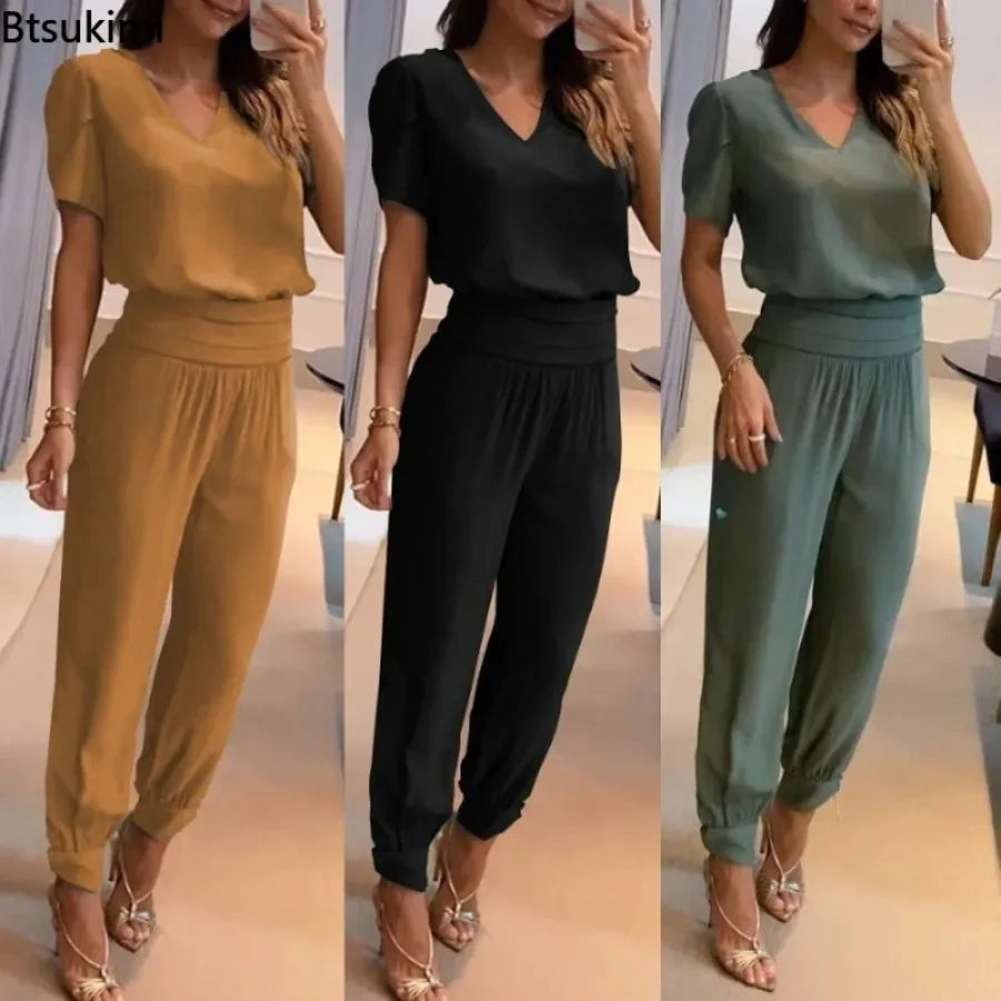 New Women's Summer Tracksuits Pant Sets Fashion Casual V-neck Print Short Sleeve T-shirts and Trousers 2 Piece Sets Women Outfit