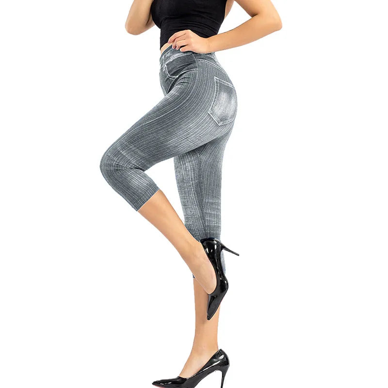 1pcs Womens Denim Print Leggings Female Fashion Slim Leggings Faux Jeans Leggings Lady Stretch Printed Leggins Pants Capri Pants