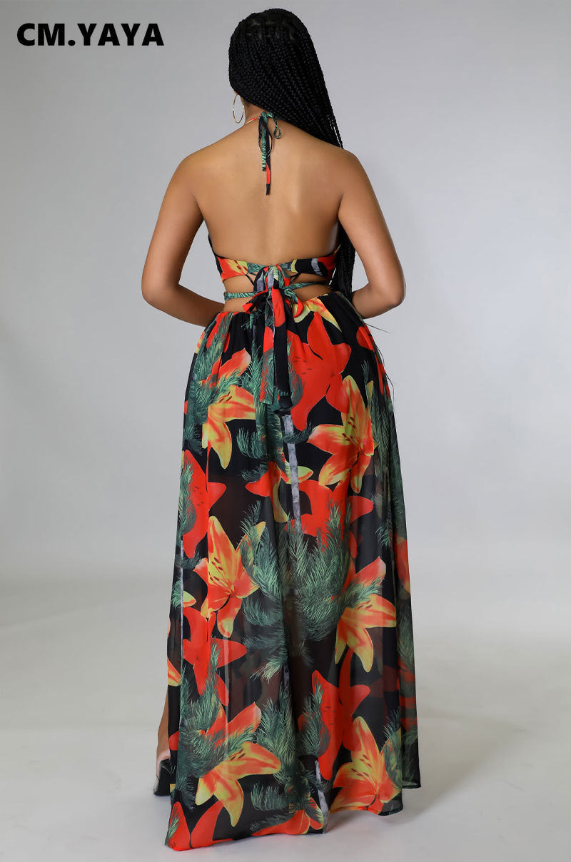 CM.YAYA Elegant Women Floral Halter V-neck Backless Cut Out Waist Chain Sleeveless High Side Split Fit Flare Maxi Long Dresses