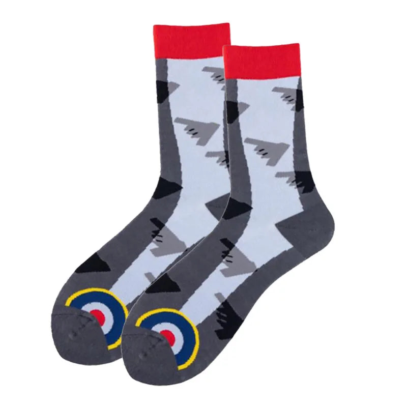 New Fighter Jet Fighter Carrier Aircraft Pattern Socks for Aviation Enthusiasts Stealth Men Crazy Party Crew Socks Cotton