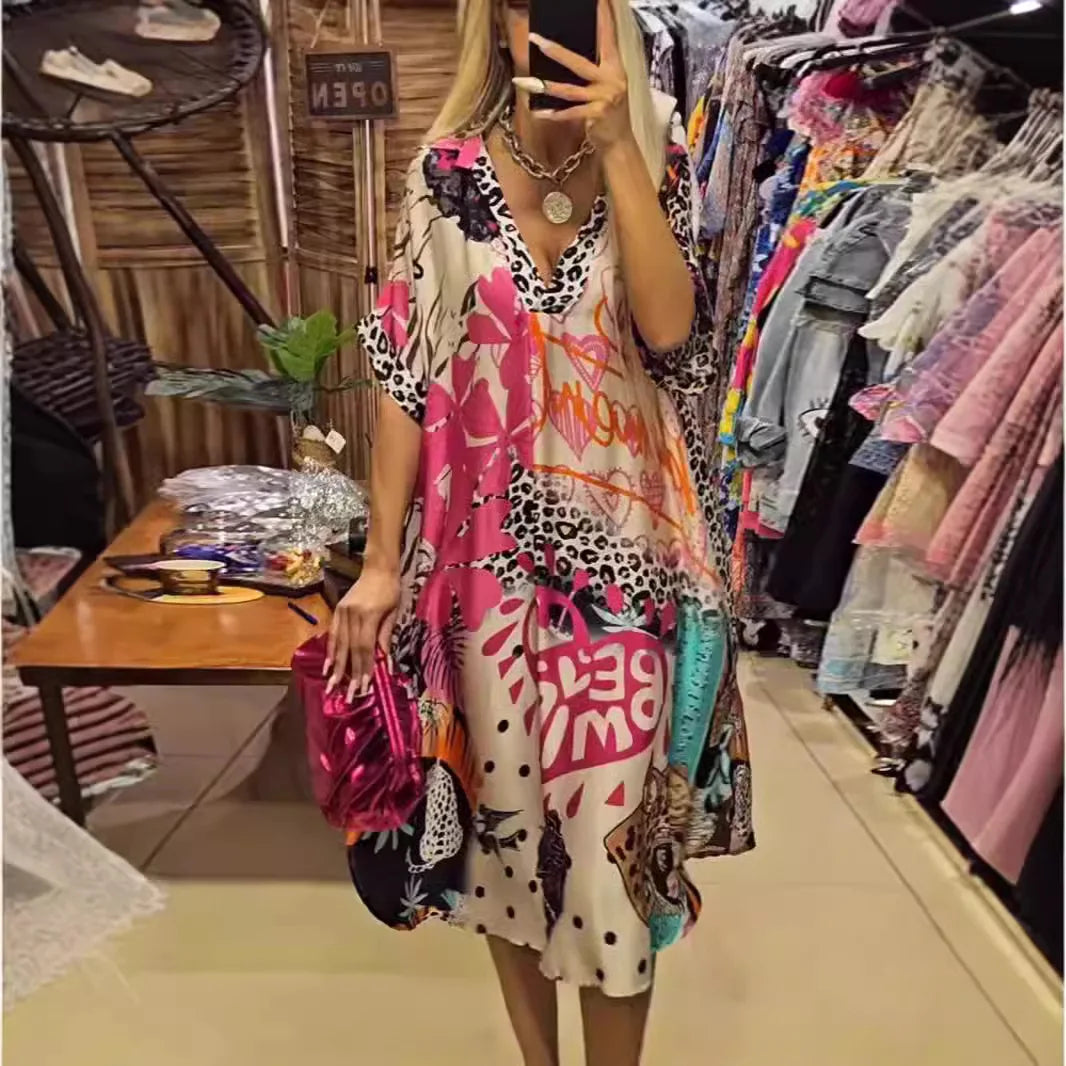 Leopard Print Shirt Dress Women Loose V Neck Summer Mid Calf Polyester