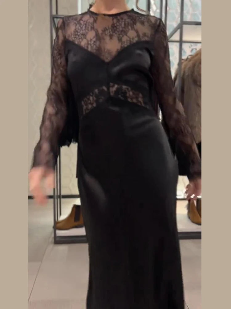 Lace Patchwork Long Evening Dress With Sheer Sleeves For Women Clubwear